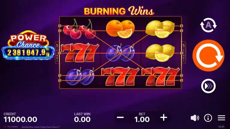 Burning Wins Power Chance session start - CREDIT 11000.00, BET 1.00