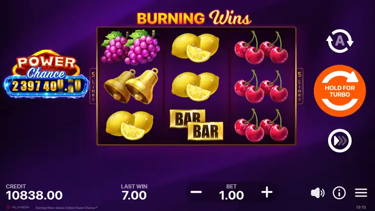 Burning Wins Power Chance at spin 807, CREDIT 10838.00, LAST WIN 7.00