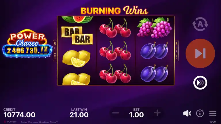 Burning Wins Power Chance at spin 1212, CREDIT 10774.00, LAST WIN 21.00