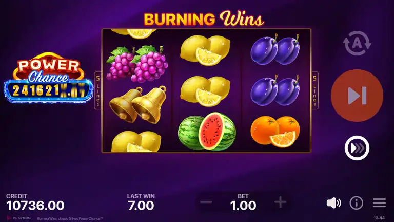 Burning Wins Power Chance at spin 1612, CREDIT 10736.00, LAST WIN 7.00 - session end